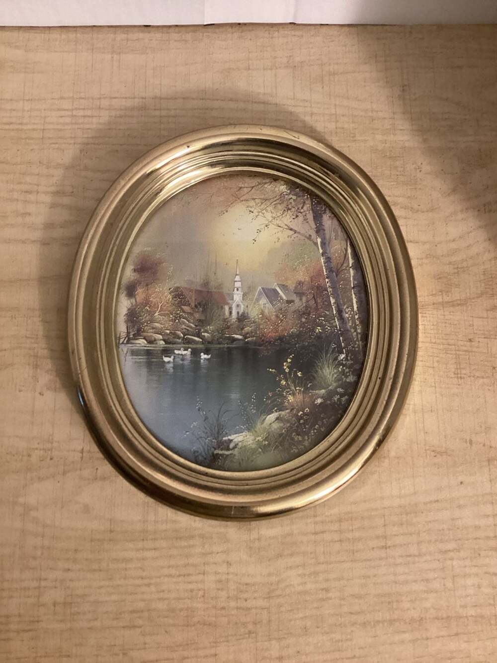 Vintage Homco Gold Plastic Oval Picture Frame Wall Art Church and Swans Landscap